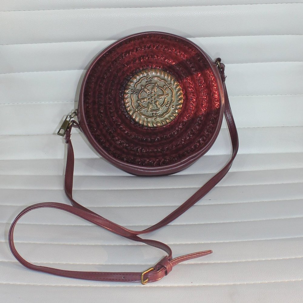 Free People Burgundy Round Shoulder Women Handbag Metal Ornaments Vegan Leathet
